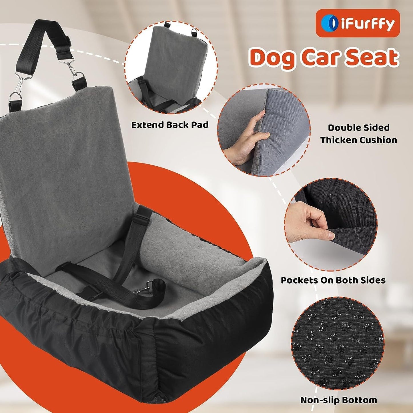 Dog Car Seat – Booster Bed with Safety Leash & Storage Pockets