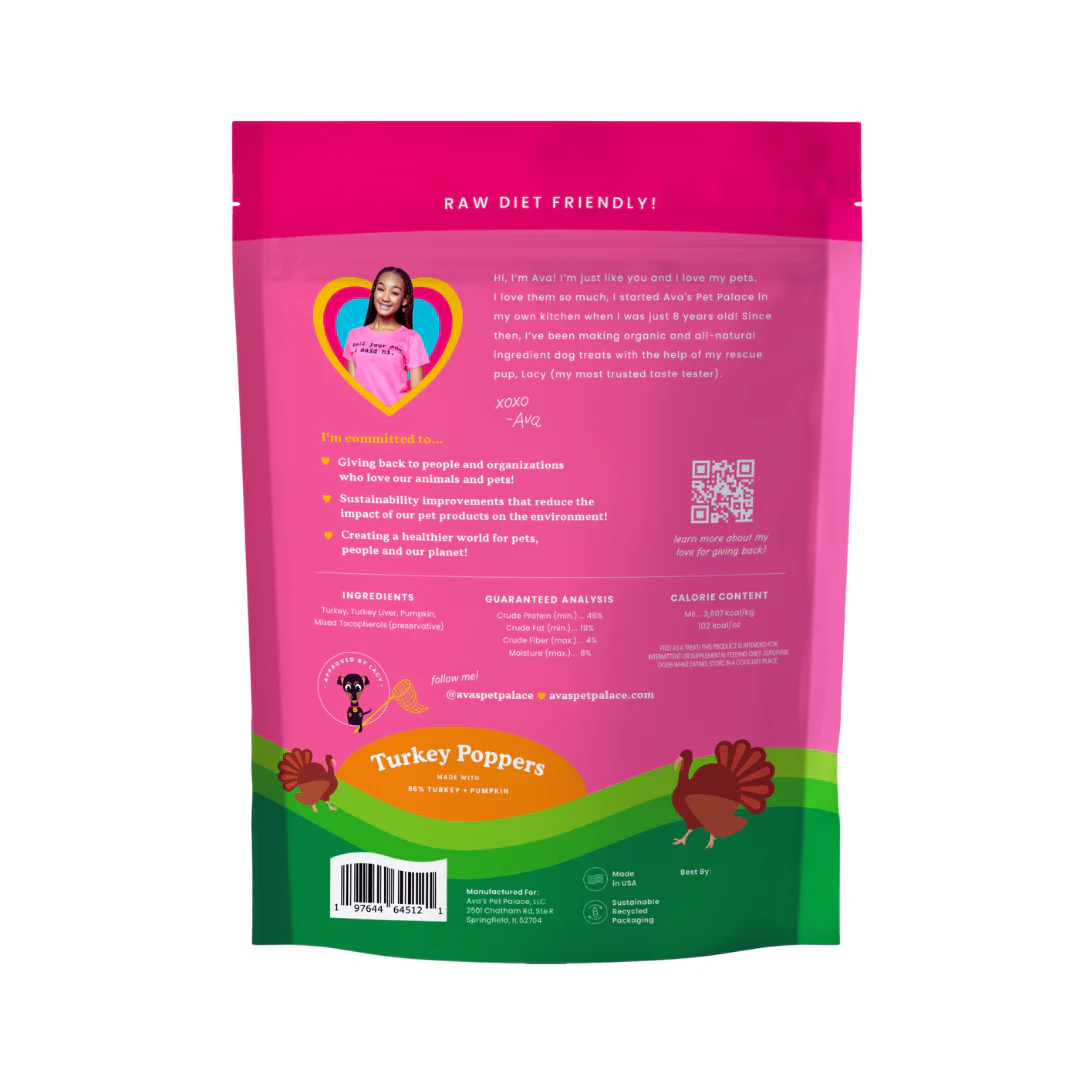 Ava's Pet Palace Freeze Dried Dog Treats - Turkey Poppers (3oz)