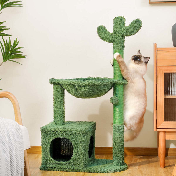 Cactus Cat Tree Tower with Hammock - Unique Modern Cat Furniture with Scratching Posts
