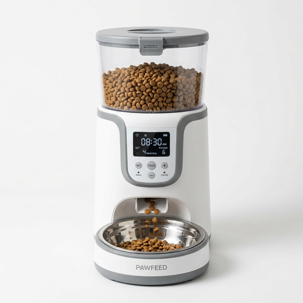 White and gray smart automatic pet feeder with a transparent food hopper, digital control panel, and stainless steel bowl