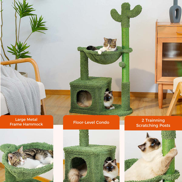 Cactus Cat Tree Tower with Hammock - Unique Modern Cat Furniture with Scratching Posts