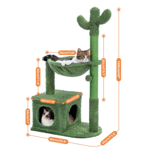 Cactus Cat Tree Tower with Hammock - Unique Modern Cat Furniture with Scratching Posts