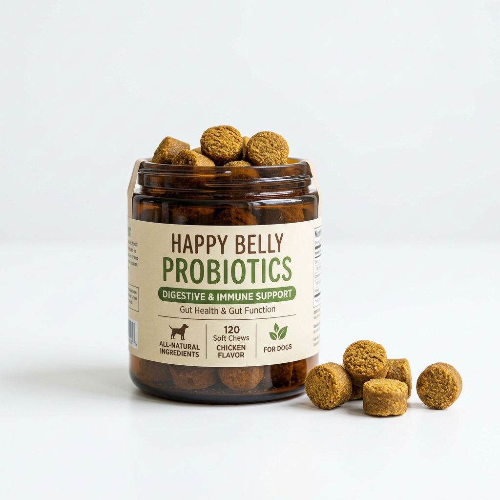 Jar of golden-brown probiotic soft chews for dogs with a few chews beside it