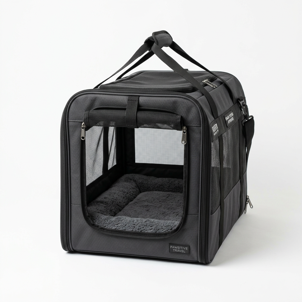 Charcoal gray car dog carrier with mesh ventilation windows and a plush cushion