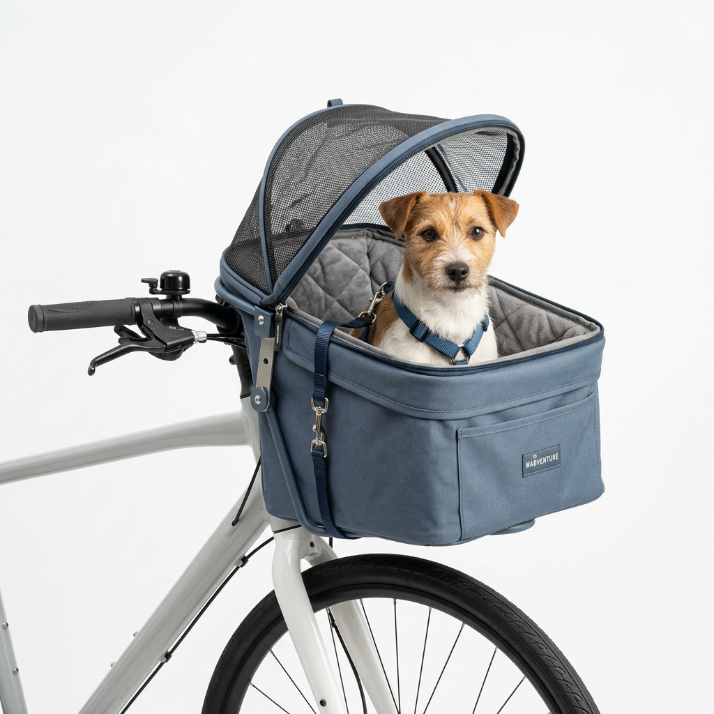 Slate blue bike dog carrier mounted on a bicycle handlebar with a mesh canopy and padded lining